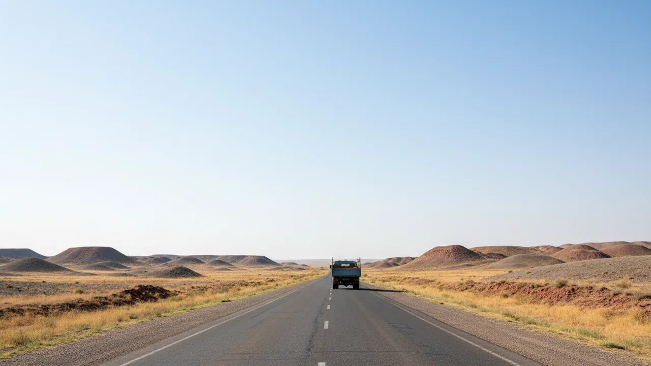 A straight road across the semi-desert of Gobustan under a vast clear sky, a single lorry in the distance