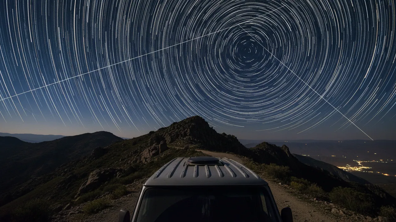 Star and satellite trails in the night sky above a ridge, an antenna on the roof of a van