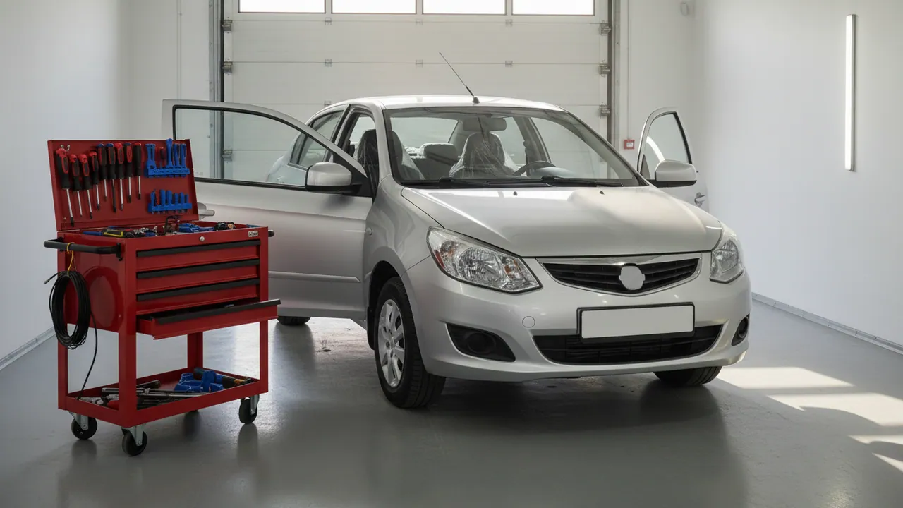 A silver saloon with its door open in a clean fitting bay, a tool trolley beside it