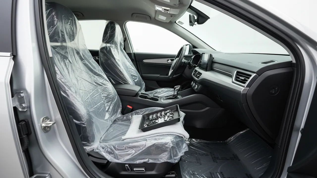 The car interior in protective covers, with only one lower panel removed and lying on the cloth
