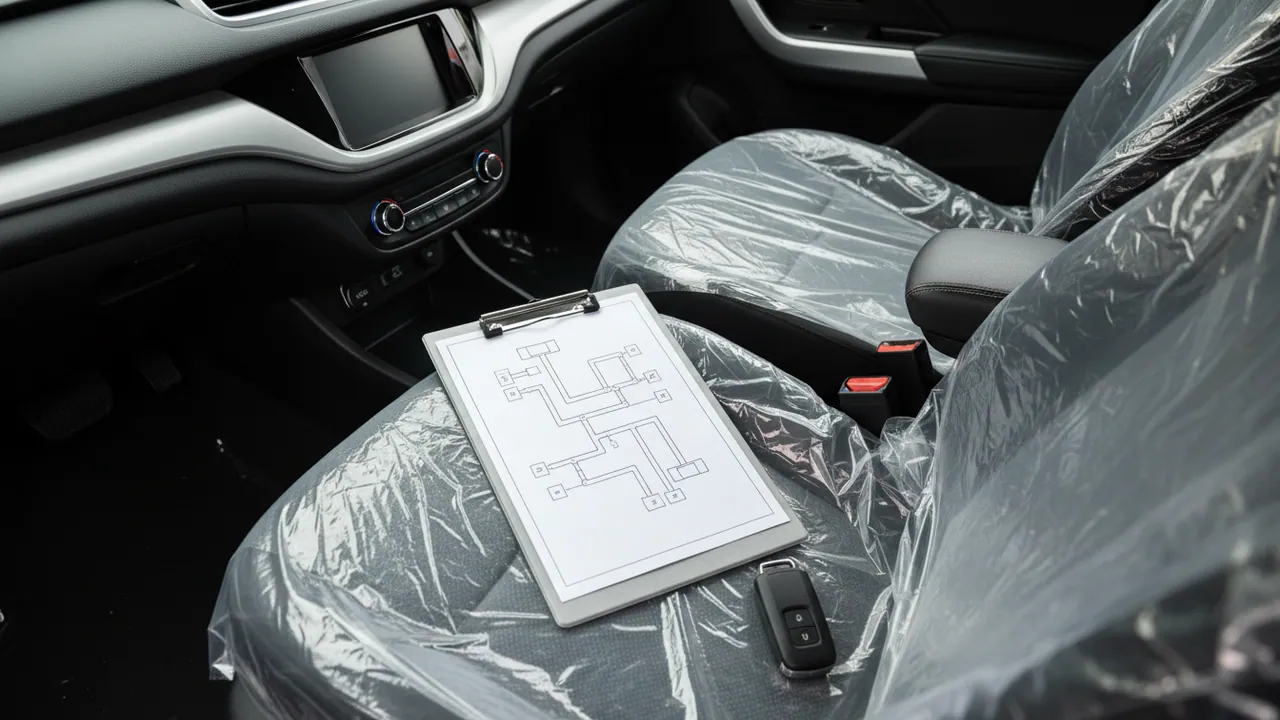 A wiring diagram on a clipboard on the seat of a new car still in its protective film
