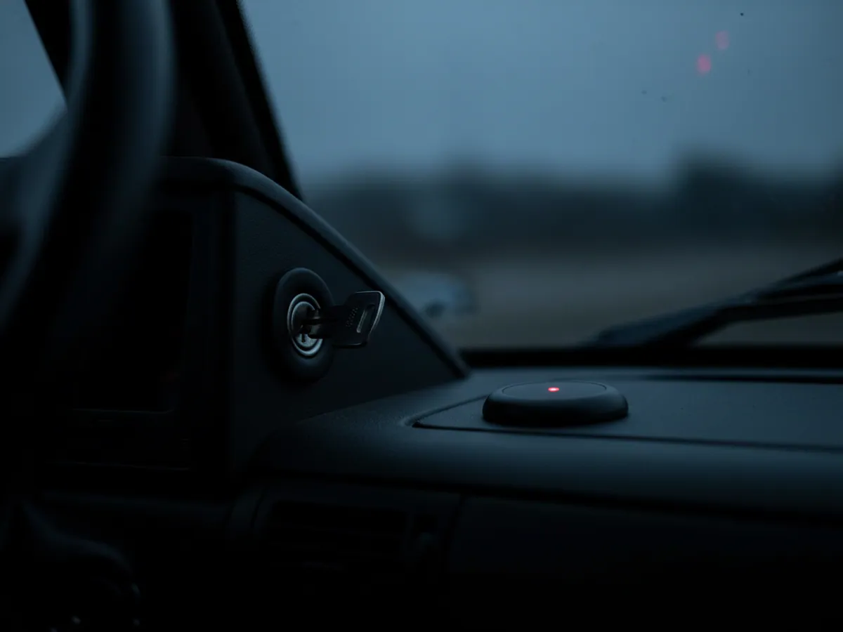 A key in the ignition and a reader with a red indicator on the cab panel
