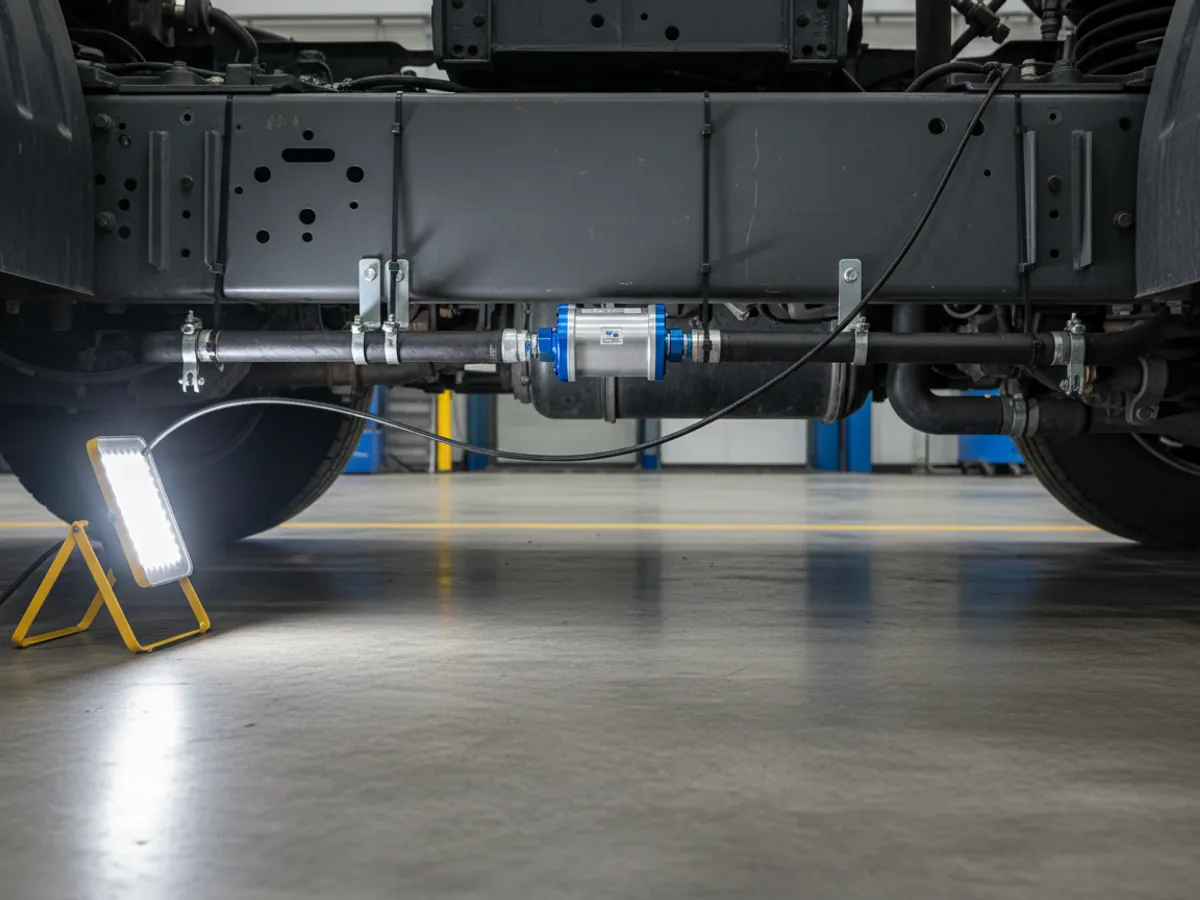 A flow meter on the fuel line under a lorry chassis in the workshop