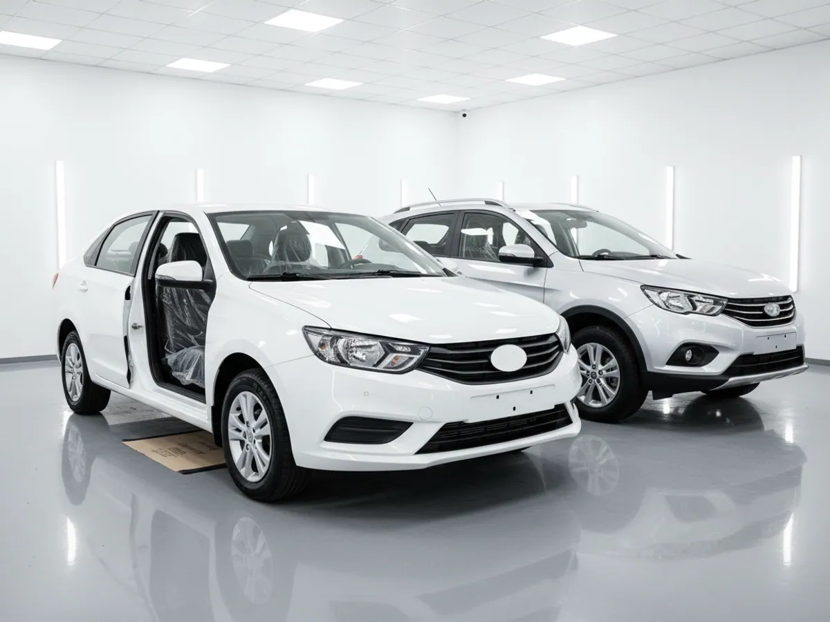 New cars in a clean service bay, a protective cover on the seat