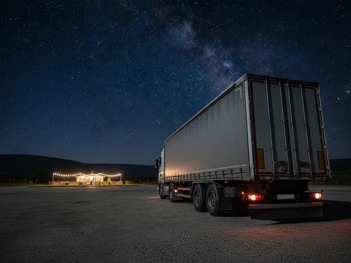A long-haul tractor unit at a roadside rest area at night, cab curtains drawn
