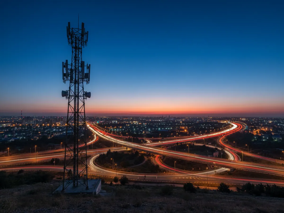 Alaqaranlıqda yol qovşağının üzərində antenli mobil rabitə qülləsi