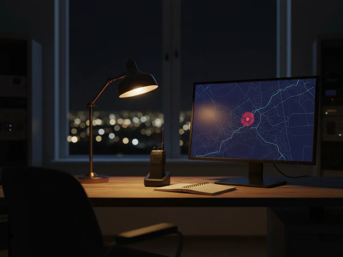 Gecə dispetçer pultu: radiostansiya, lampa və xəritədə qırmızı həyəcan nöqtəsi olan monitor