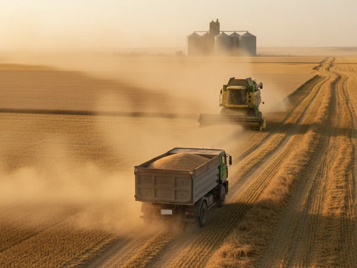 A grain lorry loaded with wheat leaves the field for the grain store, with a combine harvester working behind it