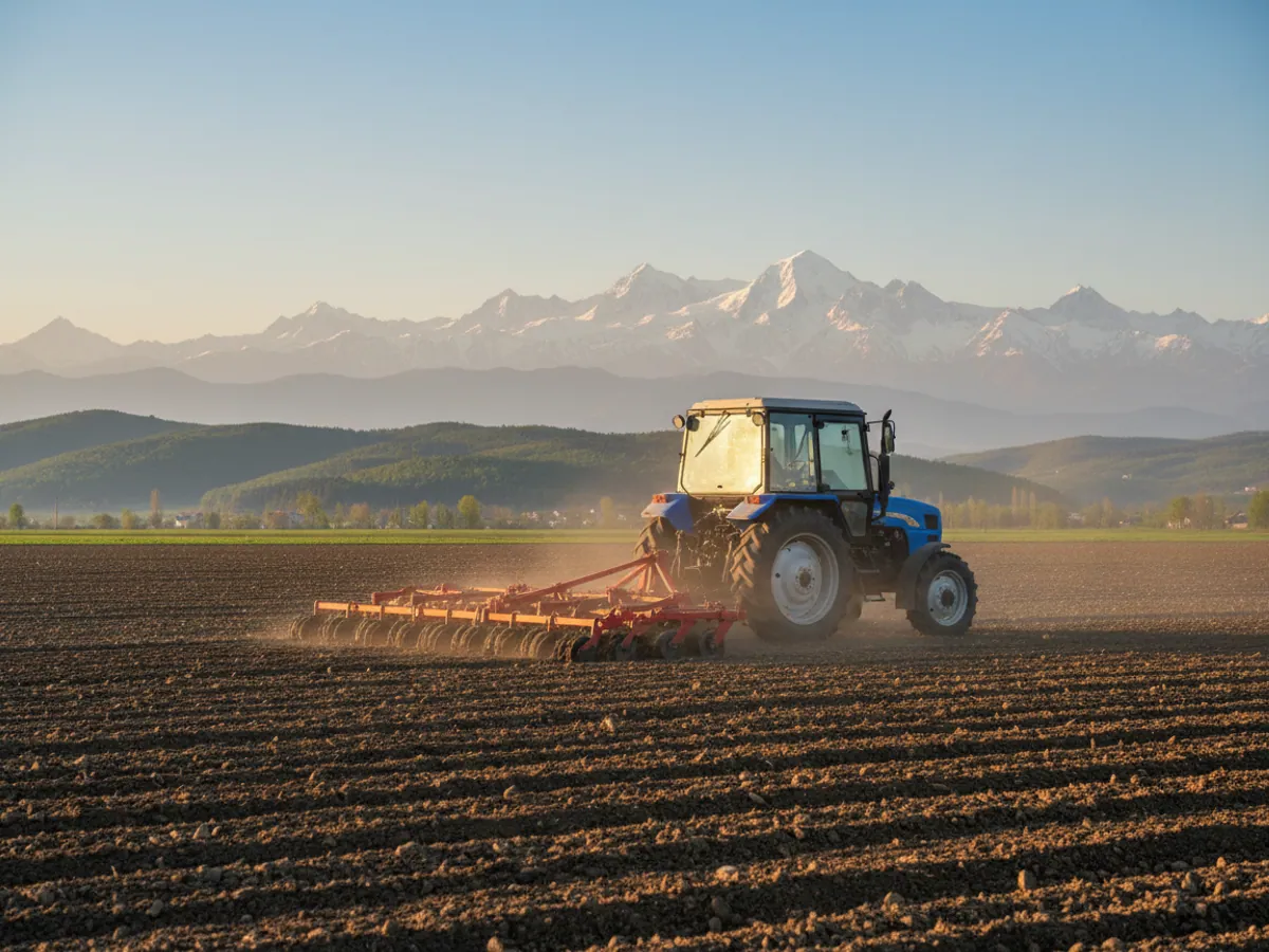 A tractor with a cultivator on a spring field, with the foothills and the snowy peaks of the Caucasus behind it