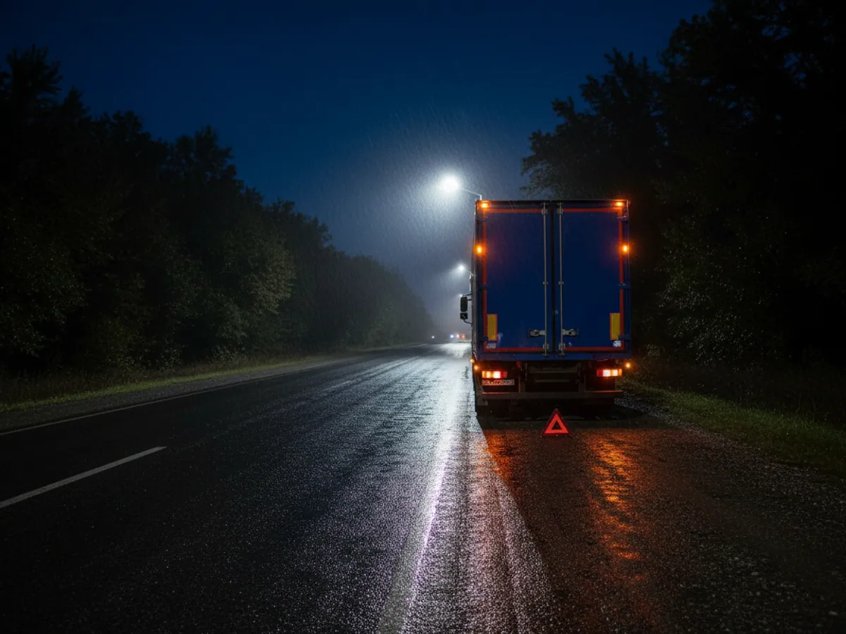 A lorry at night on the shoulder of a wet road, hazard lights flashing, a warning triangle behind it