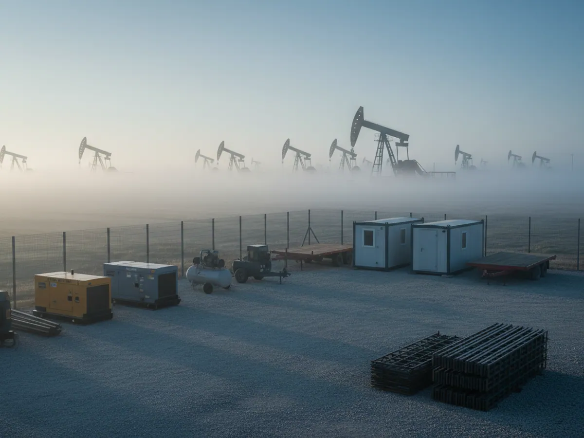 A diesel generator and site cabins in a fenced equipment compound
