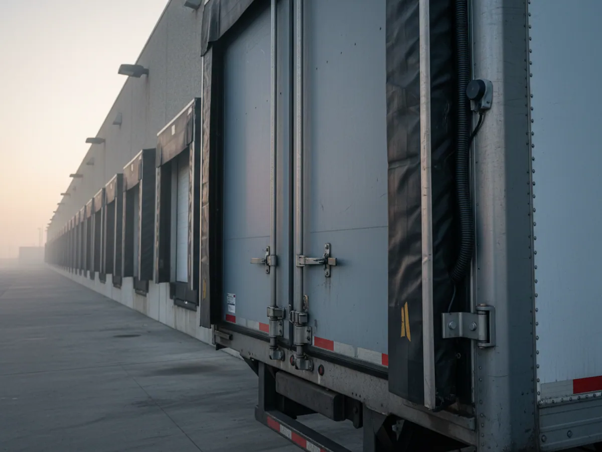 The closed doors of a semi-trailer at a depot, with an opening sensor fitted in the corner of the frame