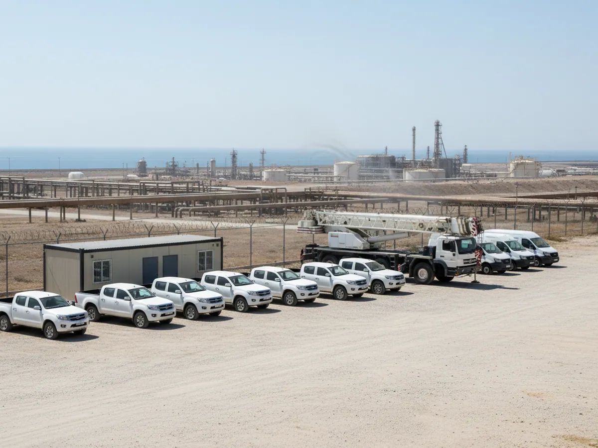 Pickups, vans and a mobile crane at a contractor's base by an oil terminal on the Caspian shore