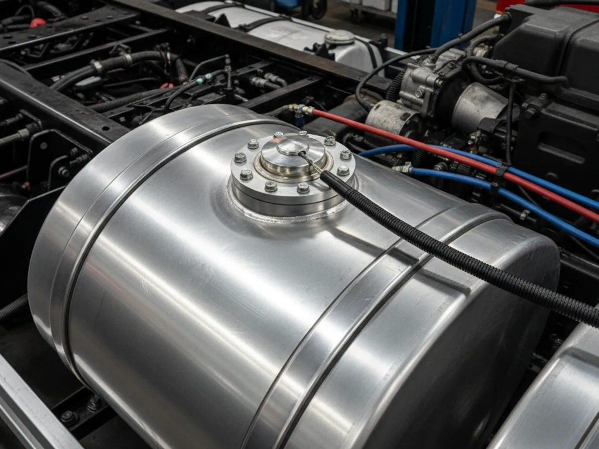A fuel level sensor on a tank flange, with the signal cable laid alongside