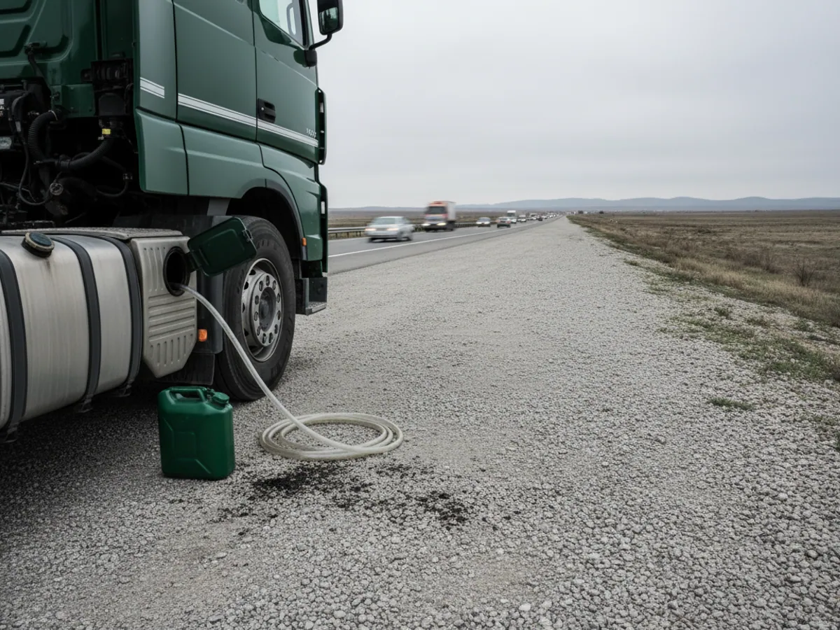 A tractor unit on the verge with the tank cap open, a jerrycan and a hose beside it