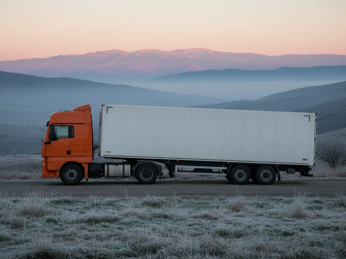 A tractor unit with a semi-trailer standing on a steep slope at dawn, visibly tilted