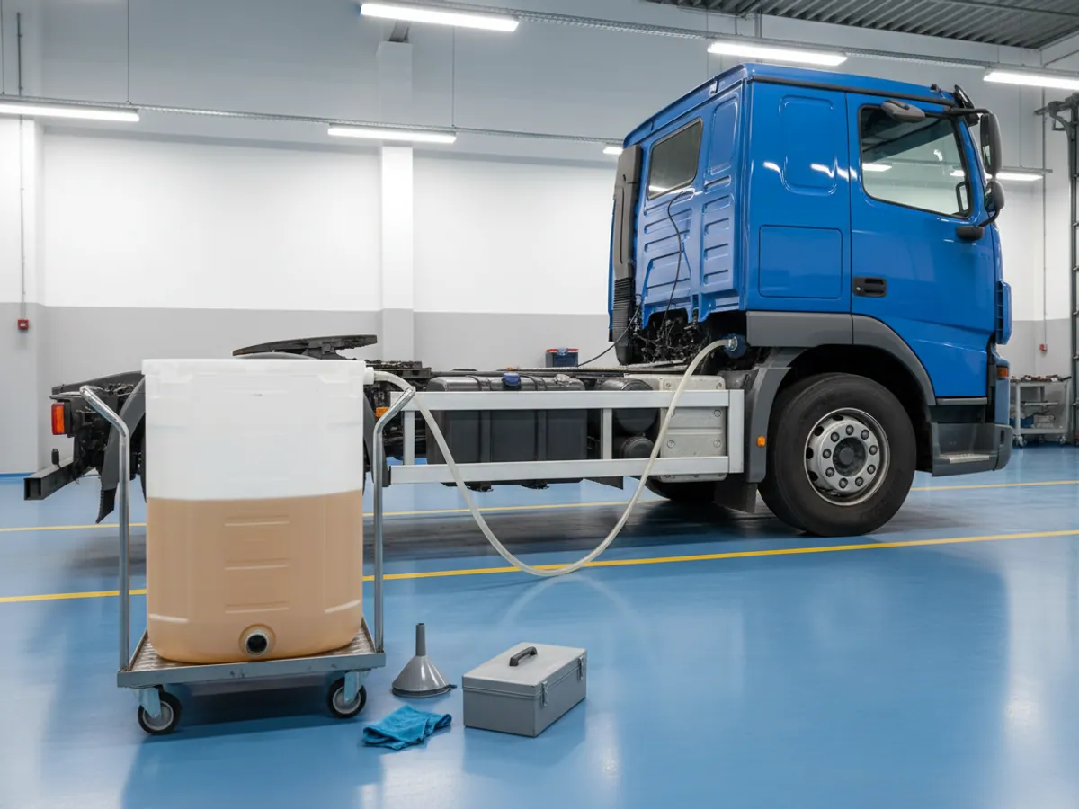 Tank calibration: a measuring vessel connected by hose to a lorry's fuel tank