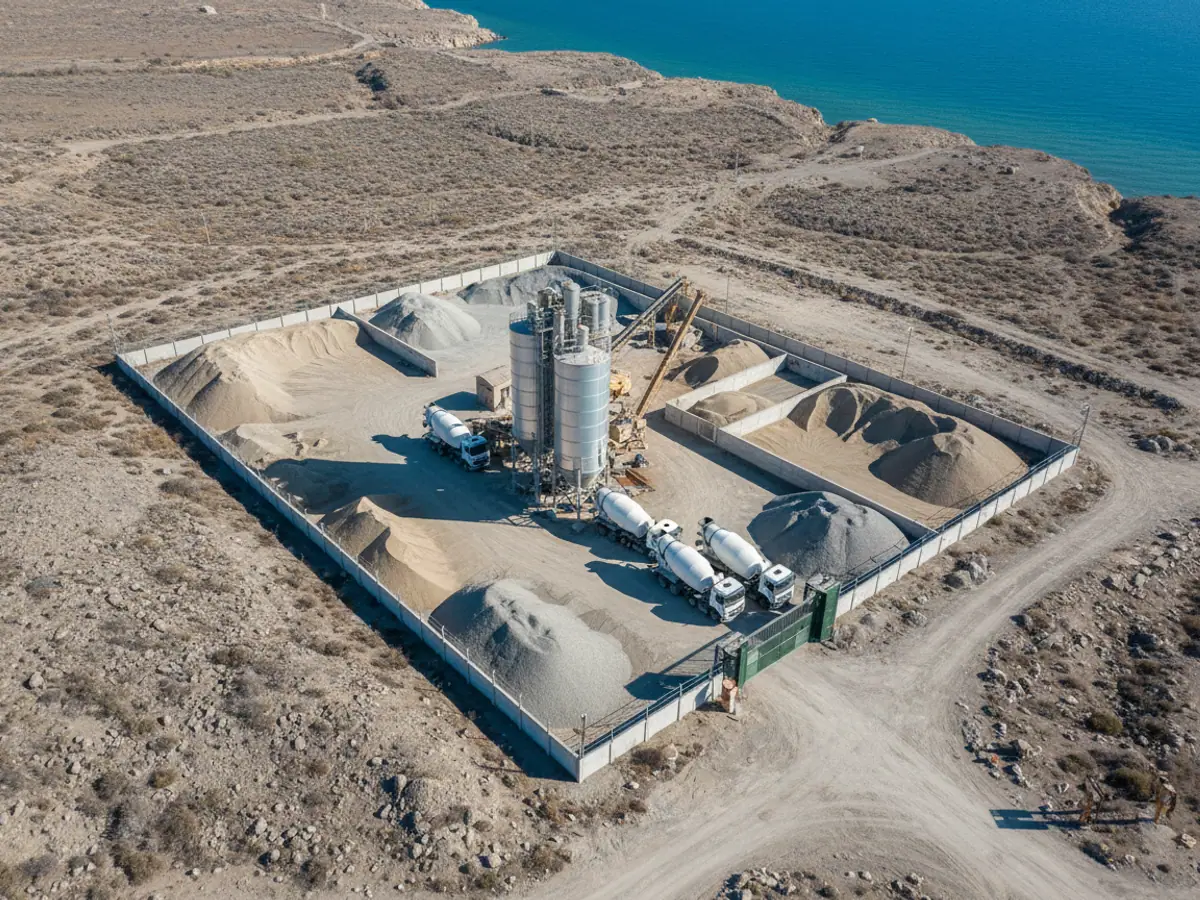 Hasarlanmış meydançası olan beton zavodu yuxarıdan, darvazadan beton qarışdırıcılar daxil olur