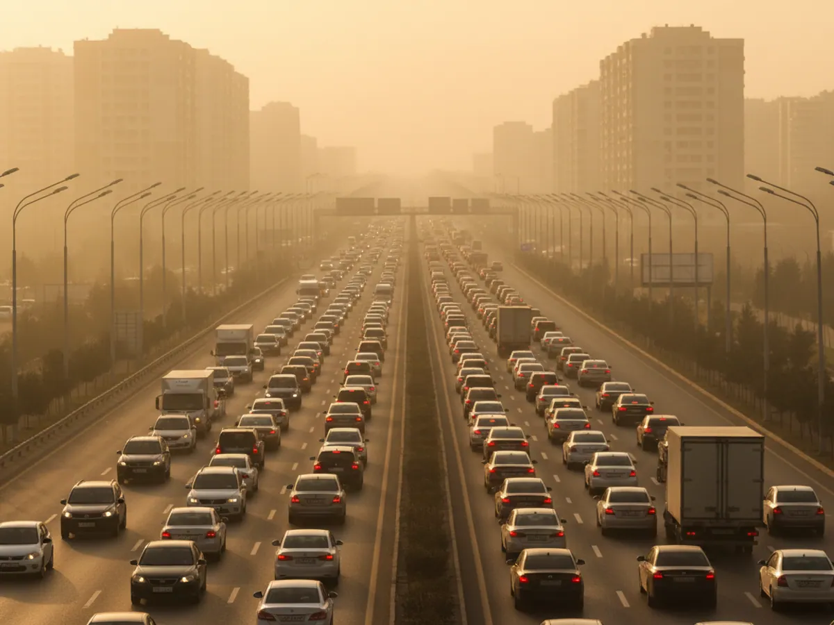 Morning jam at the entrance to Baku: cars, vans and lorries standing nose to tail