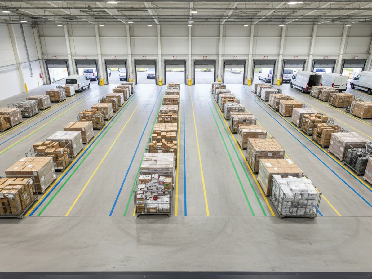 A warehouse before the shift: pallets and trolleys laid out in lanes for the van routes