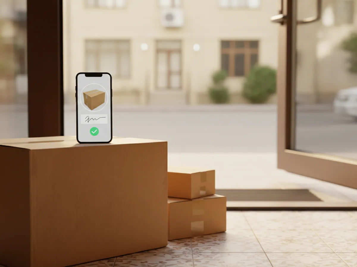 A smartphone showing the customer's signature and a photo of the goods on a delivered box by a shop door
