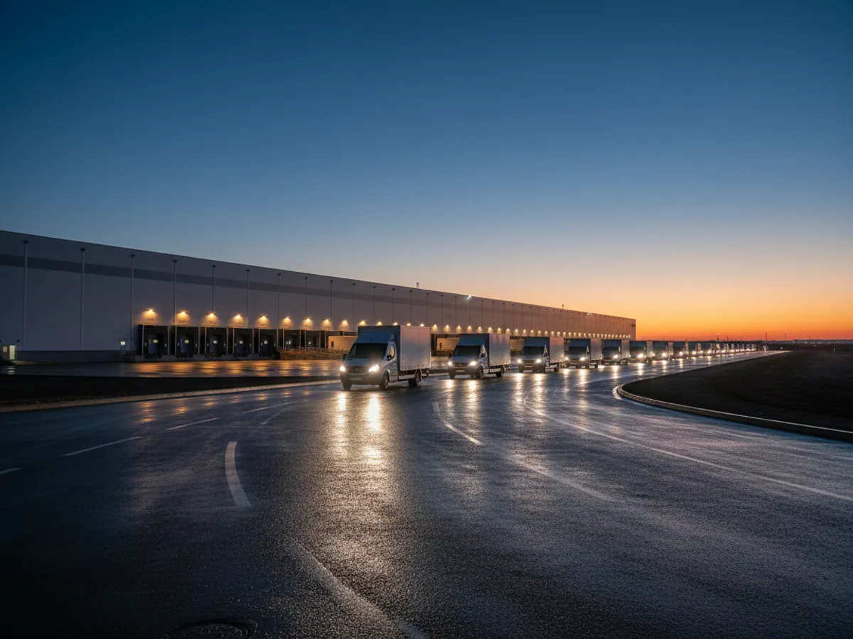 A column of delivery vans with headlights on pulling out of a distribution centre at dawn