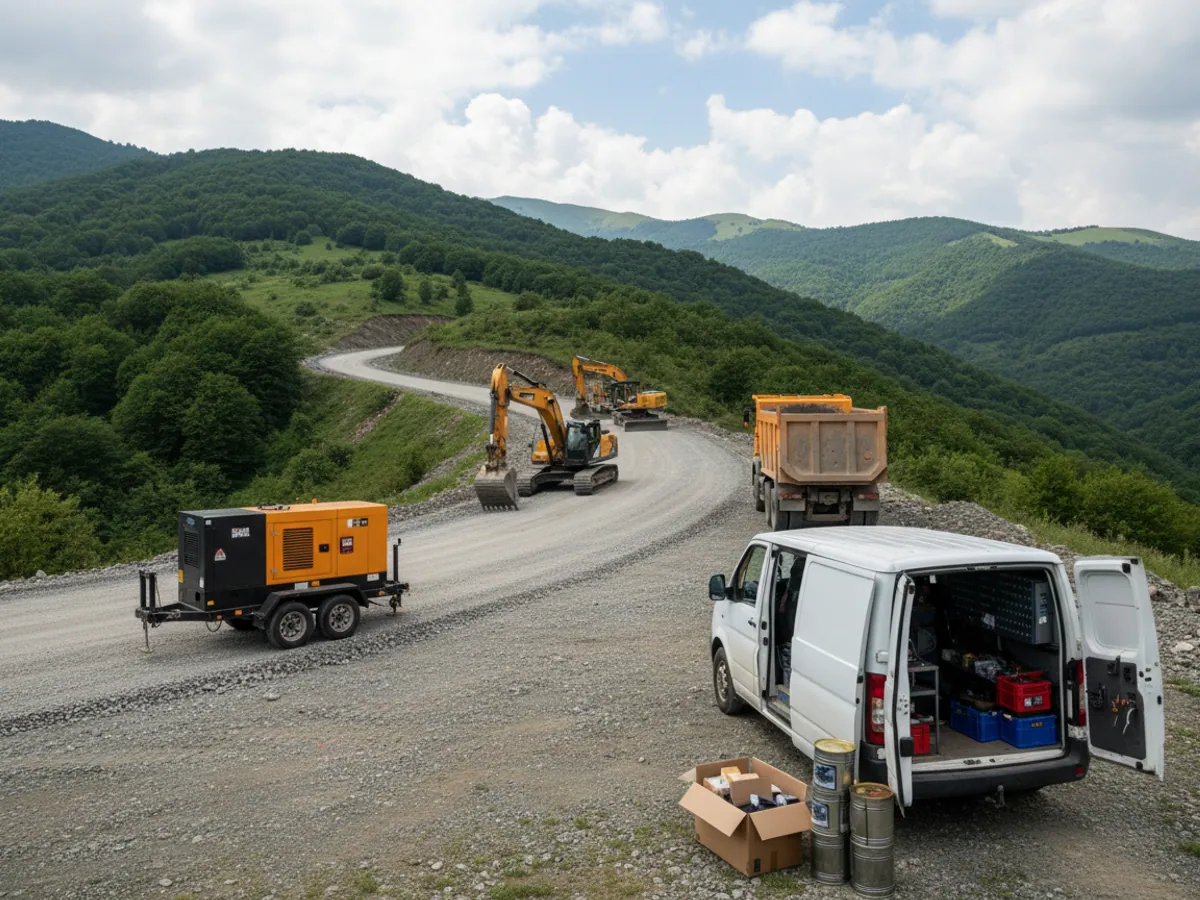 Filtrləri olan servis furqonu dağda yol tikintisində ekskavatorların və qreyderin yanında