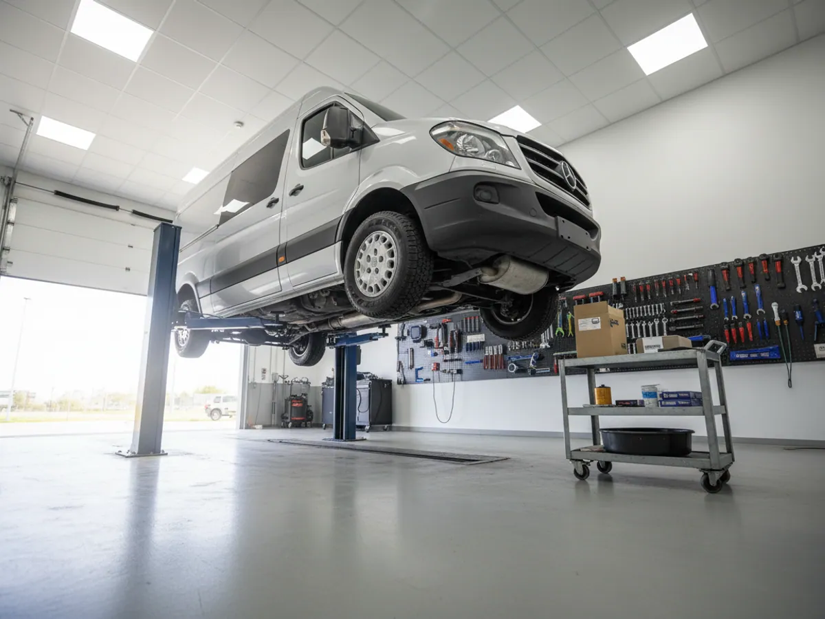 A van on a lift in a clean service bay, a trolley of new parts beside it