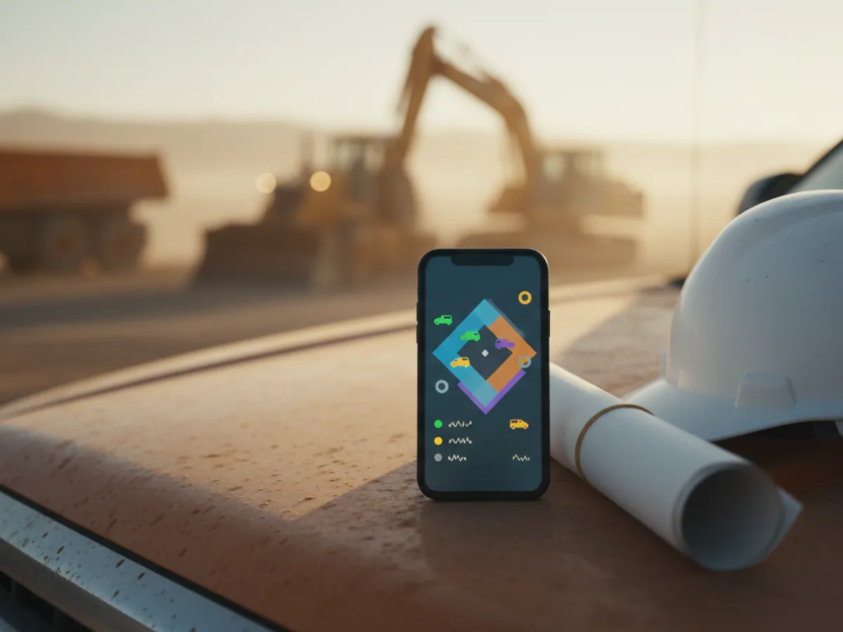 Tikintidə pikapın kapotunda xəritəsi və rəngli maşın nişanları olan smartfon