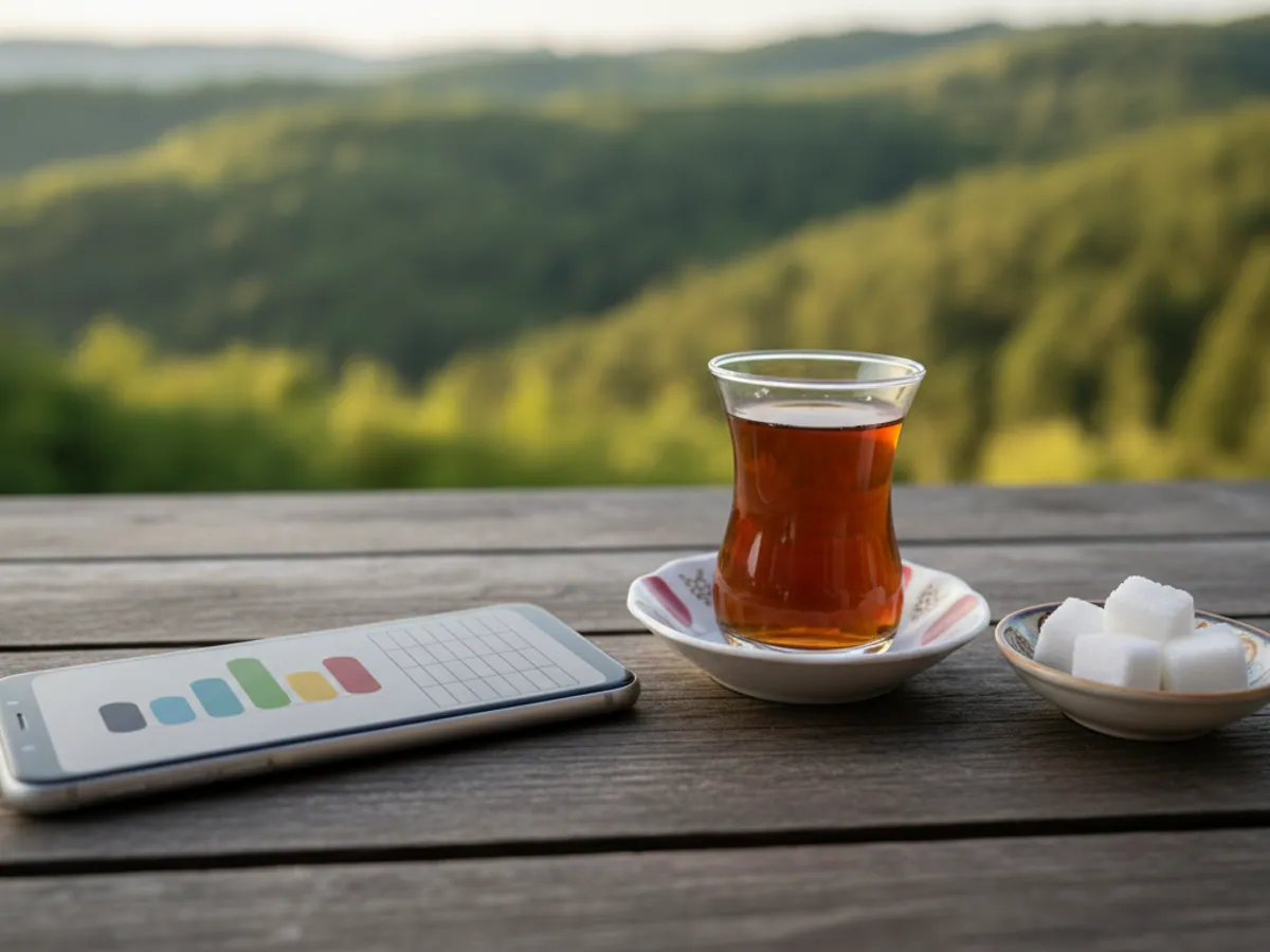 Dağlardakı çayxananın masasında qısa hesabatı olan smartfon və armudu stəkanda çay