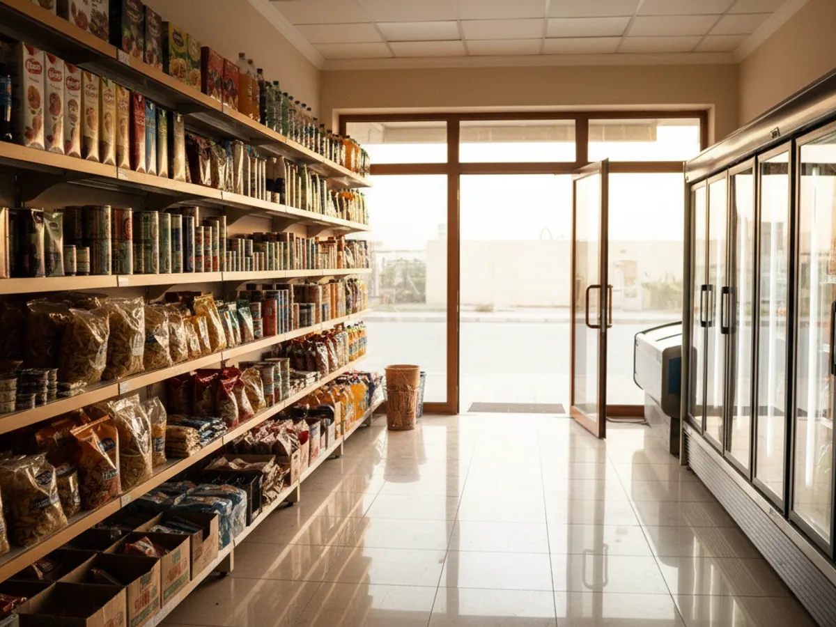 Grocery shelves stocked with goods before opening time