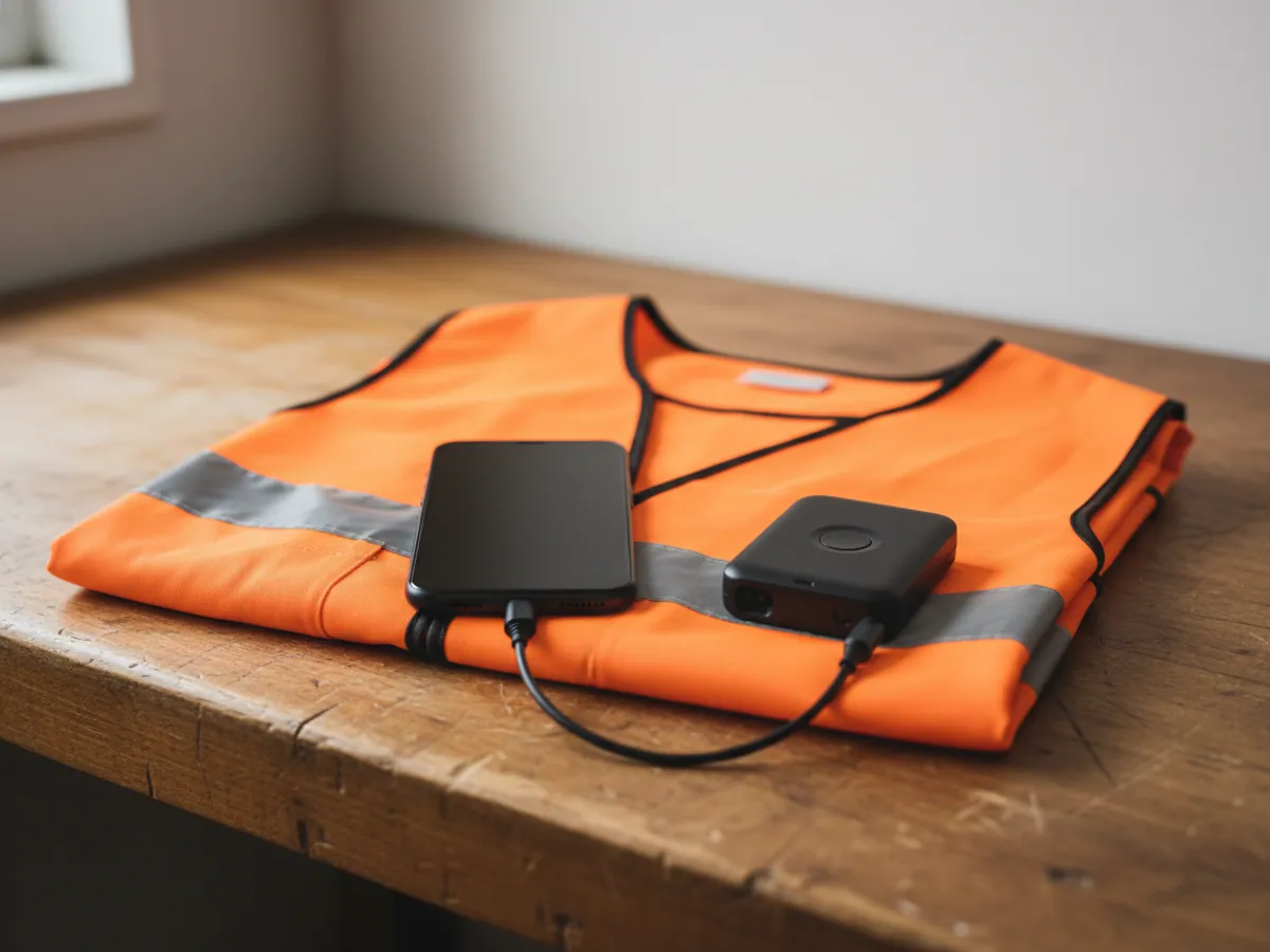 A smartphone and a personal tracker with an SOS button lying side by side on a desk