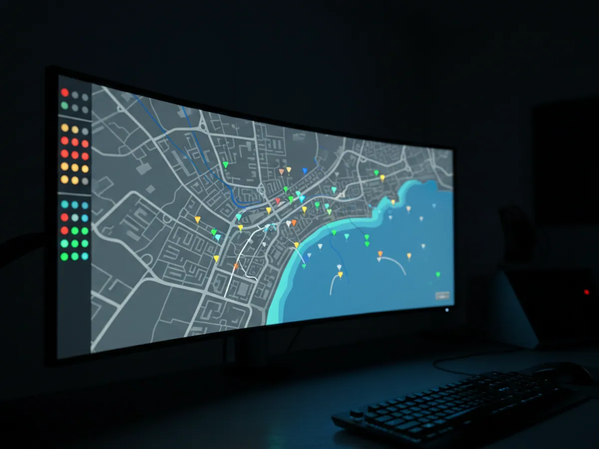 A monitor in a darkened control room showing a city map with coloured vehicle markers