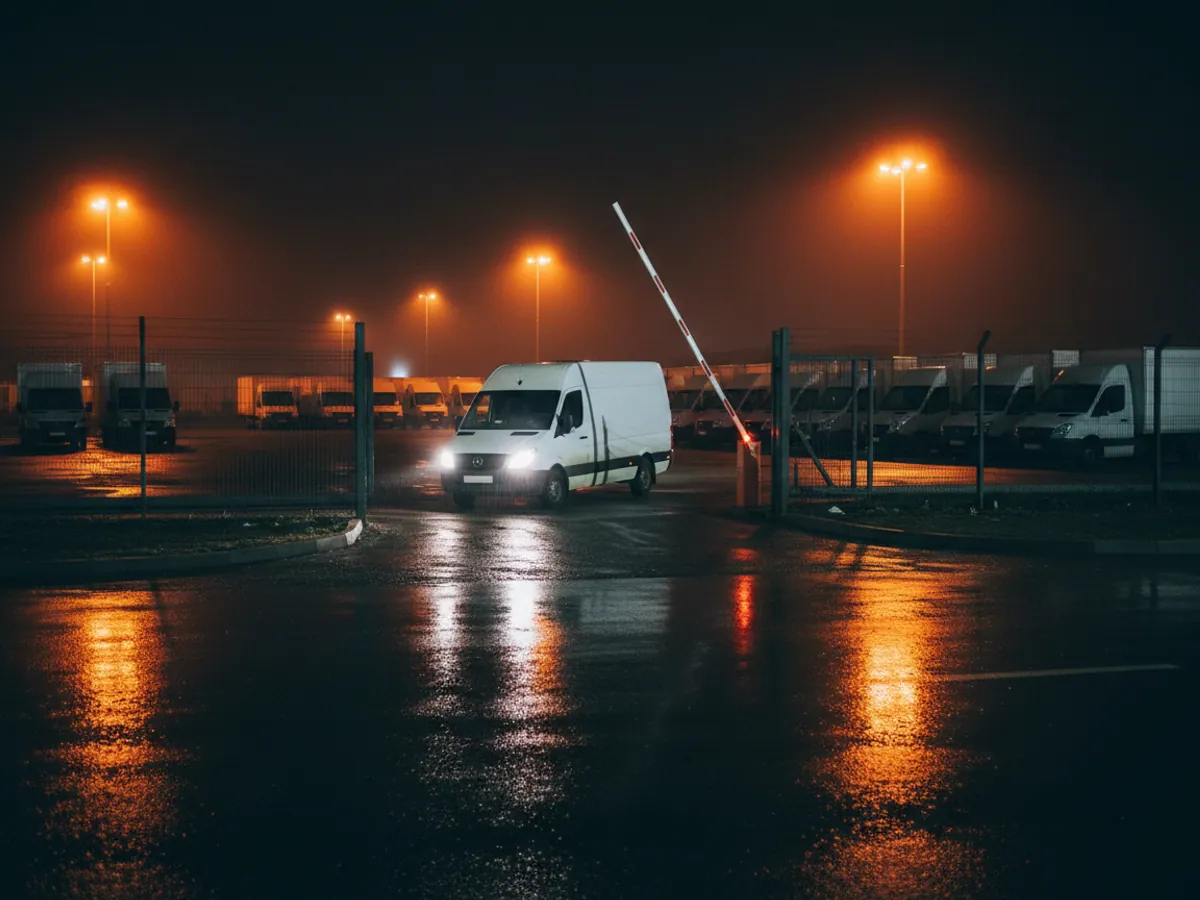 A white van leaving the yard gates at night while the other vehicles stay in their bays