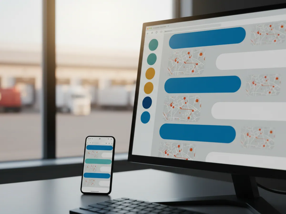 A monitor showing a work messenger: group chats and messages with map pins