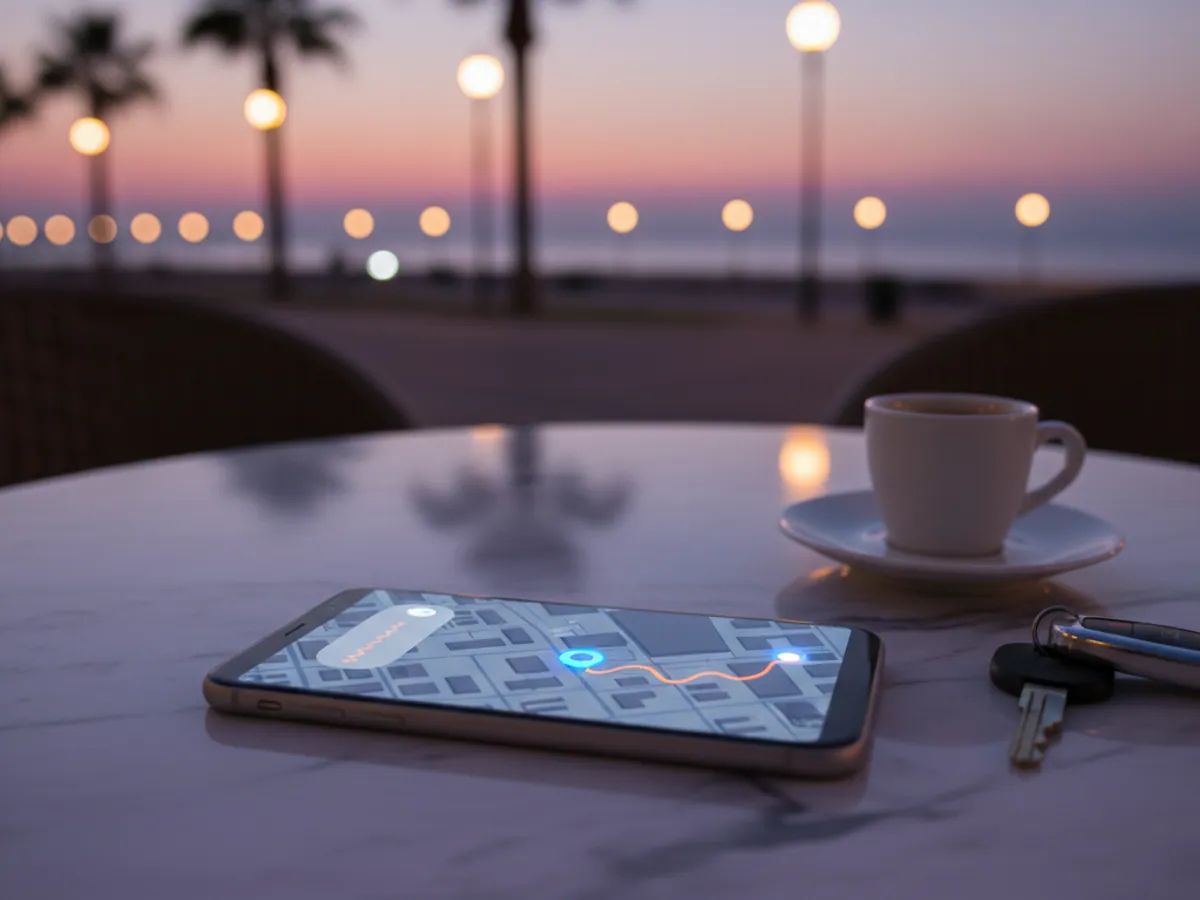 Bulvarın yanındakı kafe masasında smartfon, ekranda xəritənin üzərində push-bildiriş