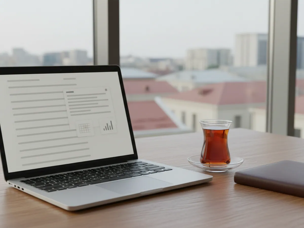 A laptop showing an inbox with an attached report, an armudu tea glass and a folder beside it