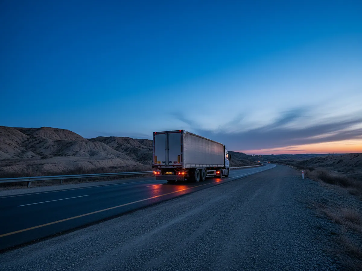 An artic with its hazard lights on at the roadside by the Gobustan hills at dusk