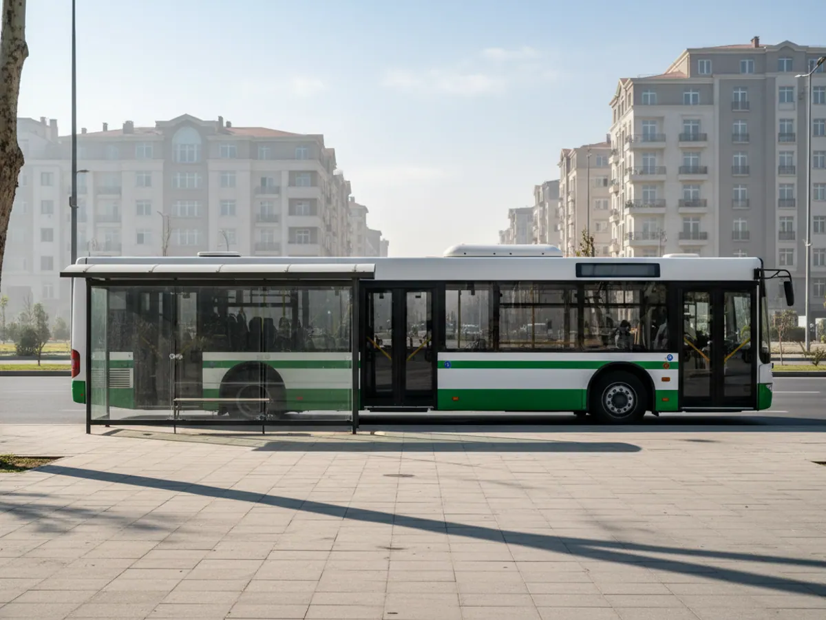 A city bus pulling up to a glass shelter on a wide avenue in the morning