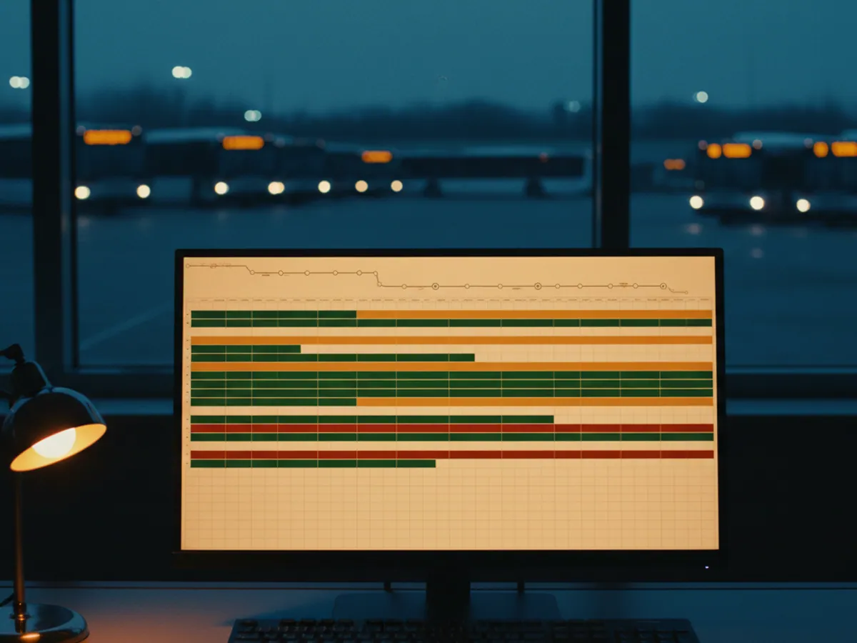 A dispatcher's monitor showing a chart of runs in coloured bars, buses in the depot outside the window