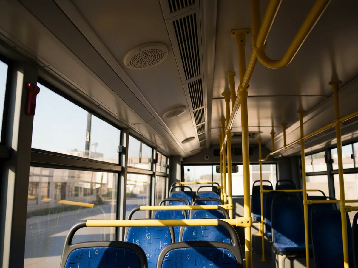 A loudspeaker and ventilation on the ceiling of a bus, a wireless temperature sensor by the window