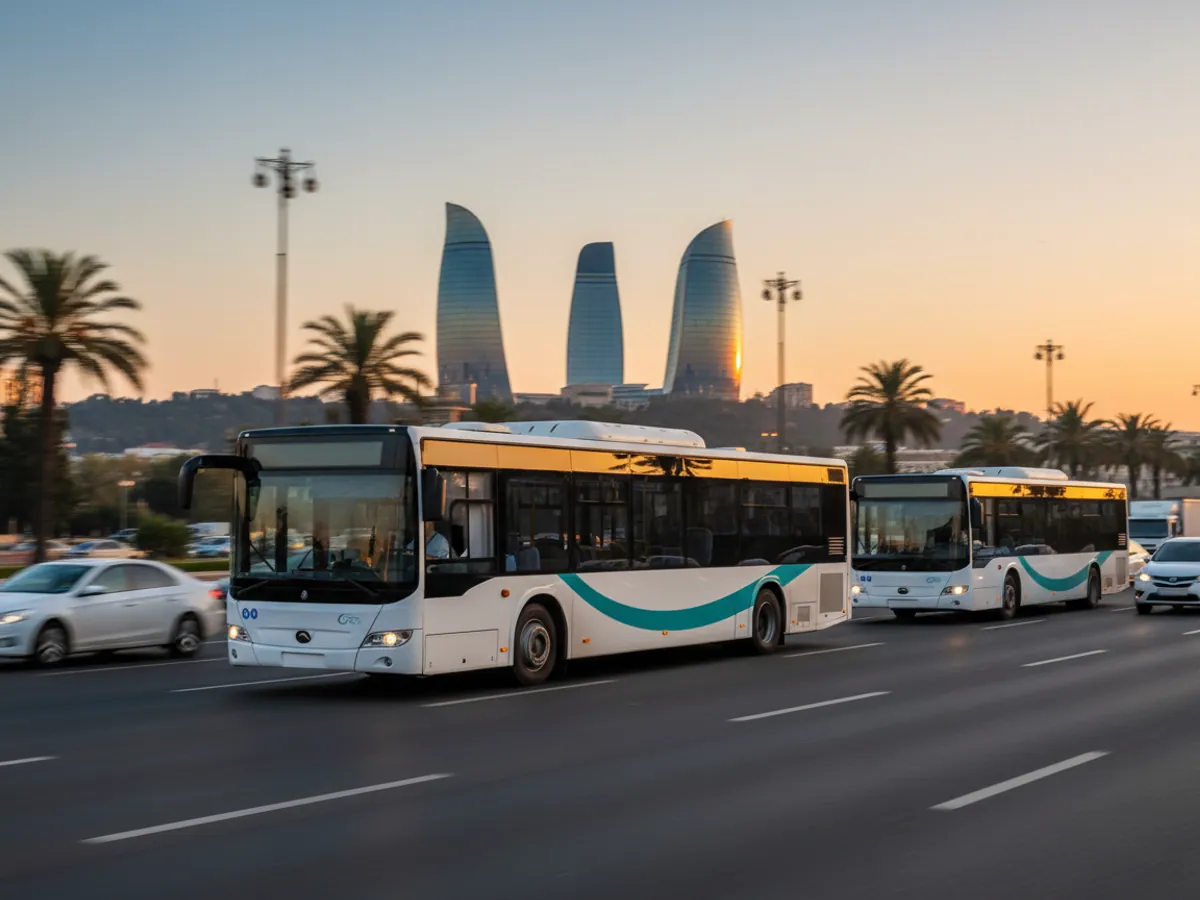 A city bus travelling along a Baku avenue, the Flame Towers on the hill behind