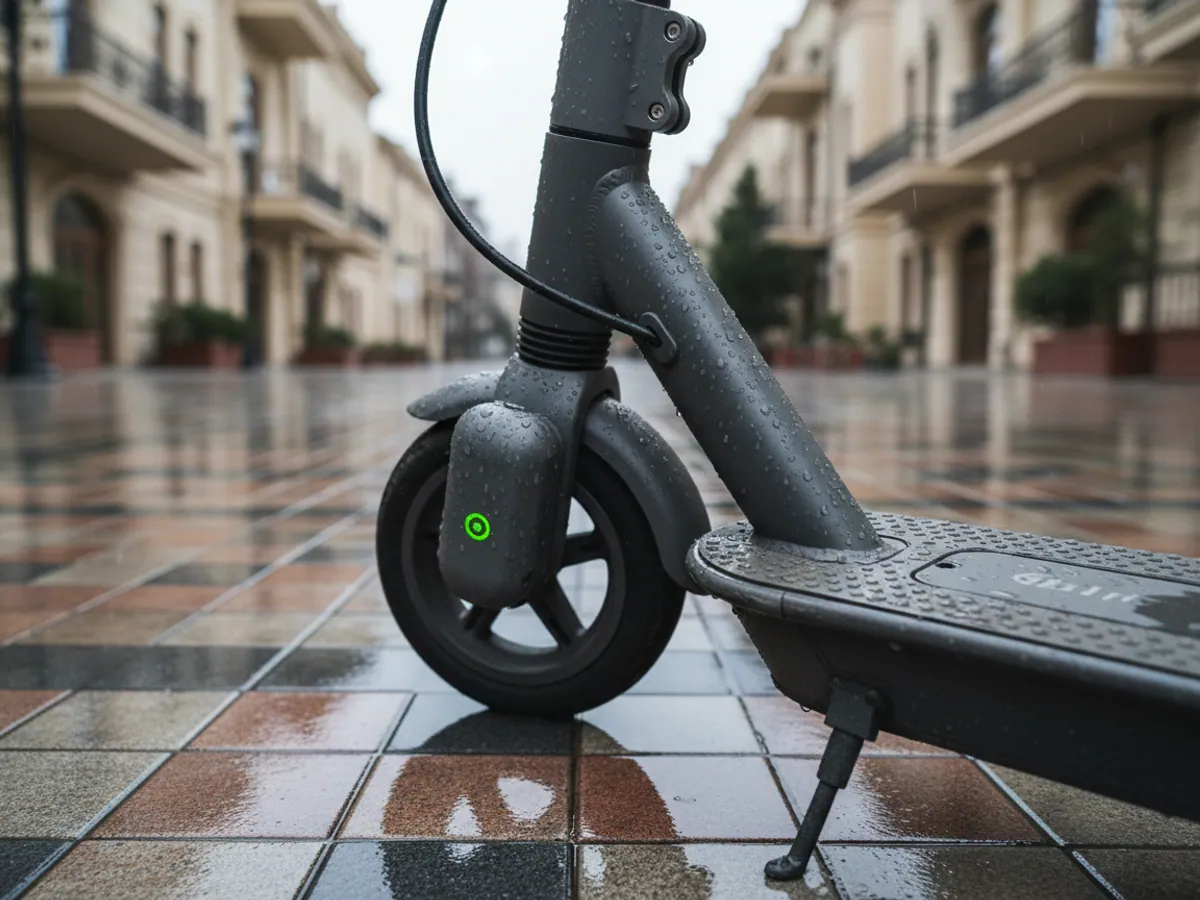 A telematics module with a green indicator on the stem of a rental electric scooter