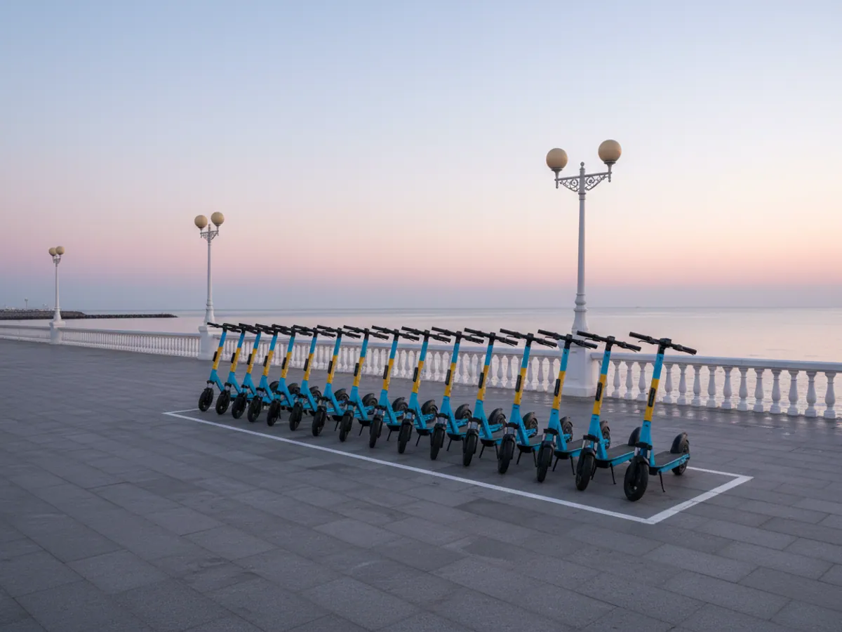 A row of rental electric scooters and bicycles on marked bays by the waterfront in the morning