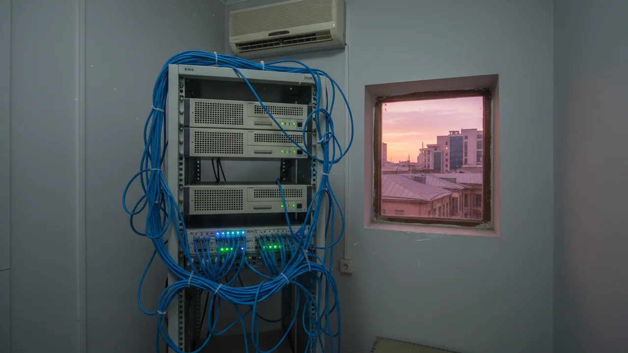 Ofisdə kiçik server otağı: açıq stend, kondisioner və şəhər damlarına açılan pəncərə