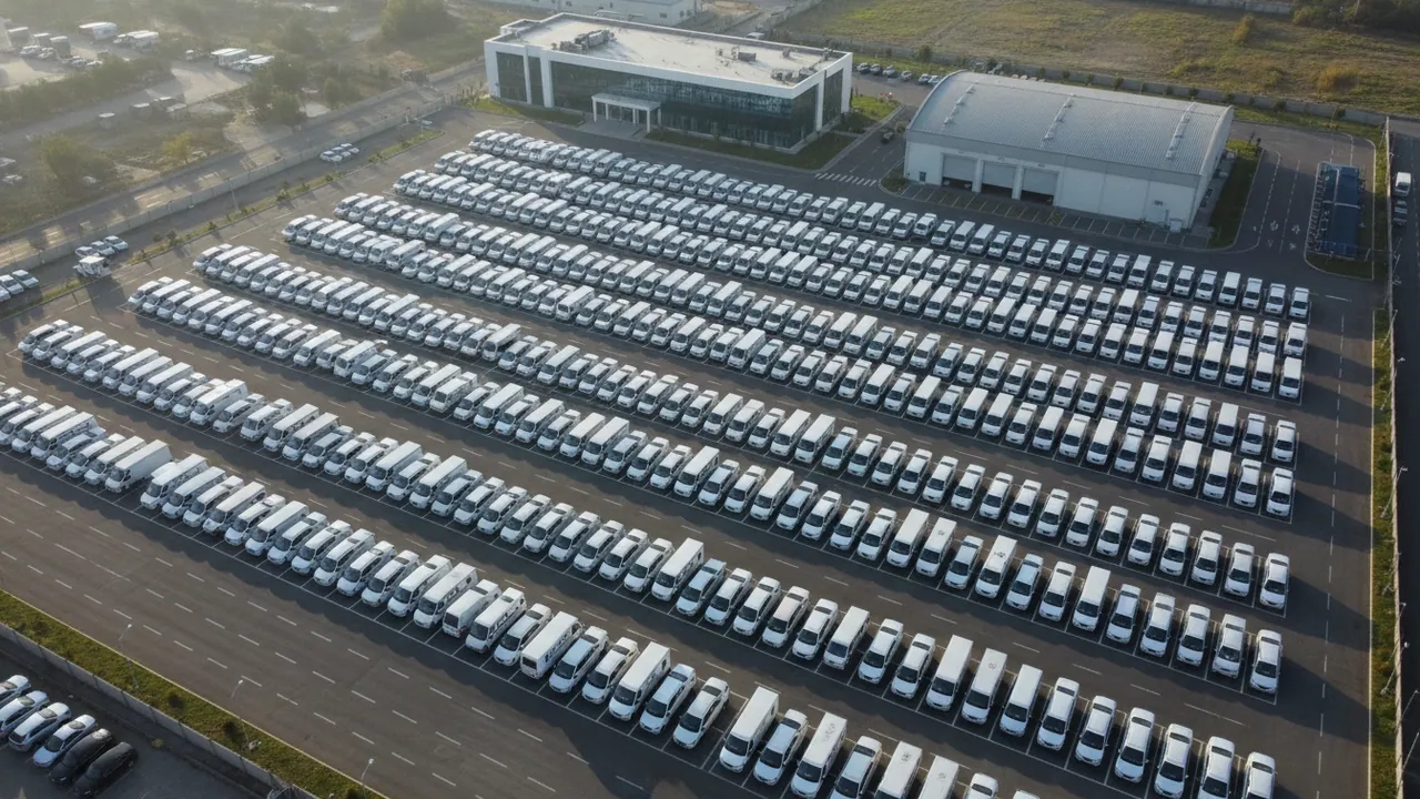 Korporativ avtoparkın ağ furqon və sedanlarının düz cərgələri, yuxarıdan görünüş