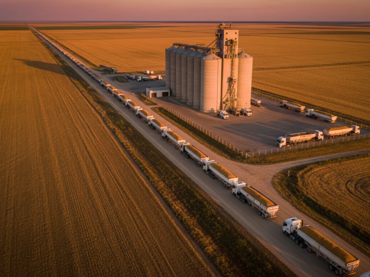 A long queue of grain lorries on the road to the elevator silos, seen from above