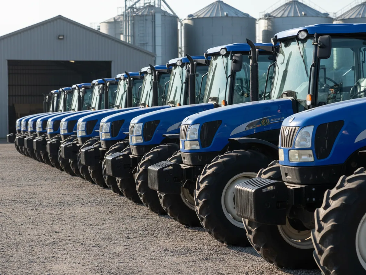 A long row of identical tractors in the central machinery yard of an agricultural holding