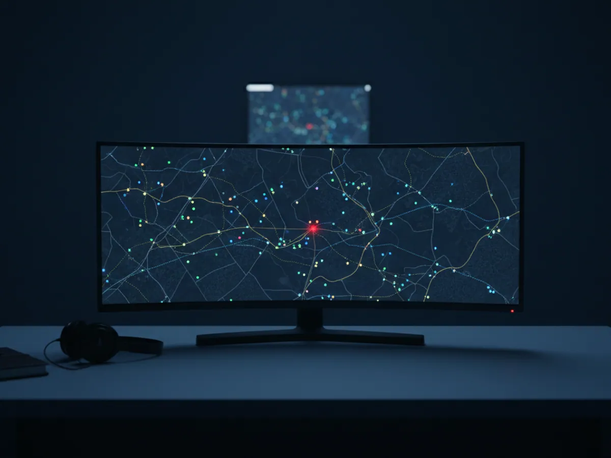 A curved monitor with an abstract map and a red alert marker at a night duty desk