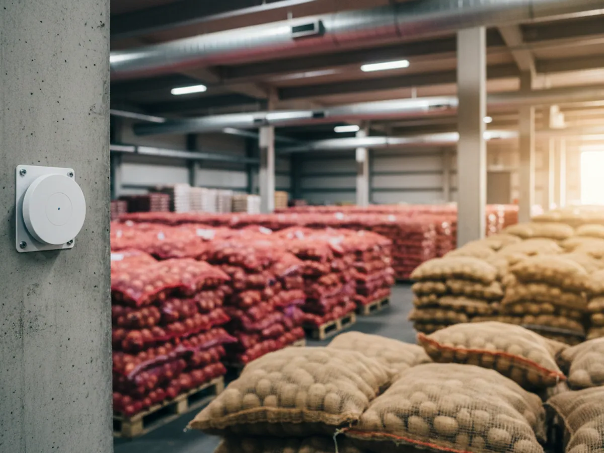 A vegetable store with sacks of onions and potatoes, a small white sensor fixed to a column